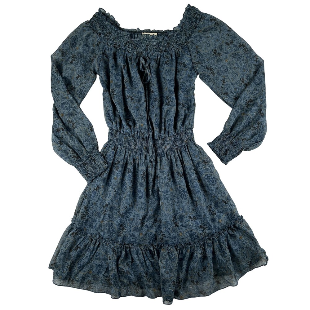Staring At Stars Dress Womens XS Blue Paisley Off Shoulder Boho Ruffle Mini